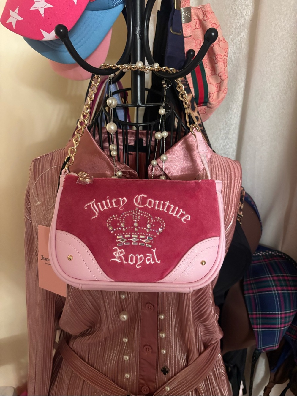 Juicy Couture Pink Velvet and Light Pink Shoulder Bag with Crown Embellishment